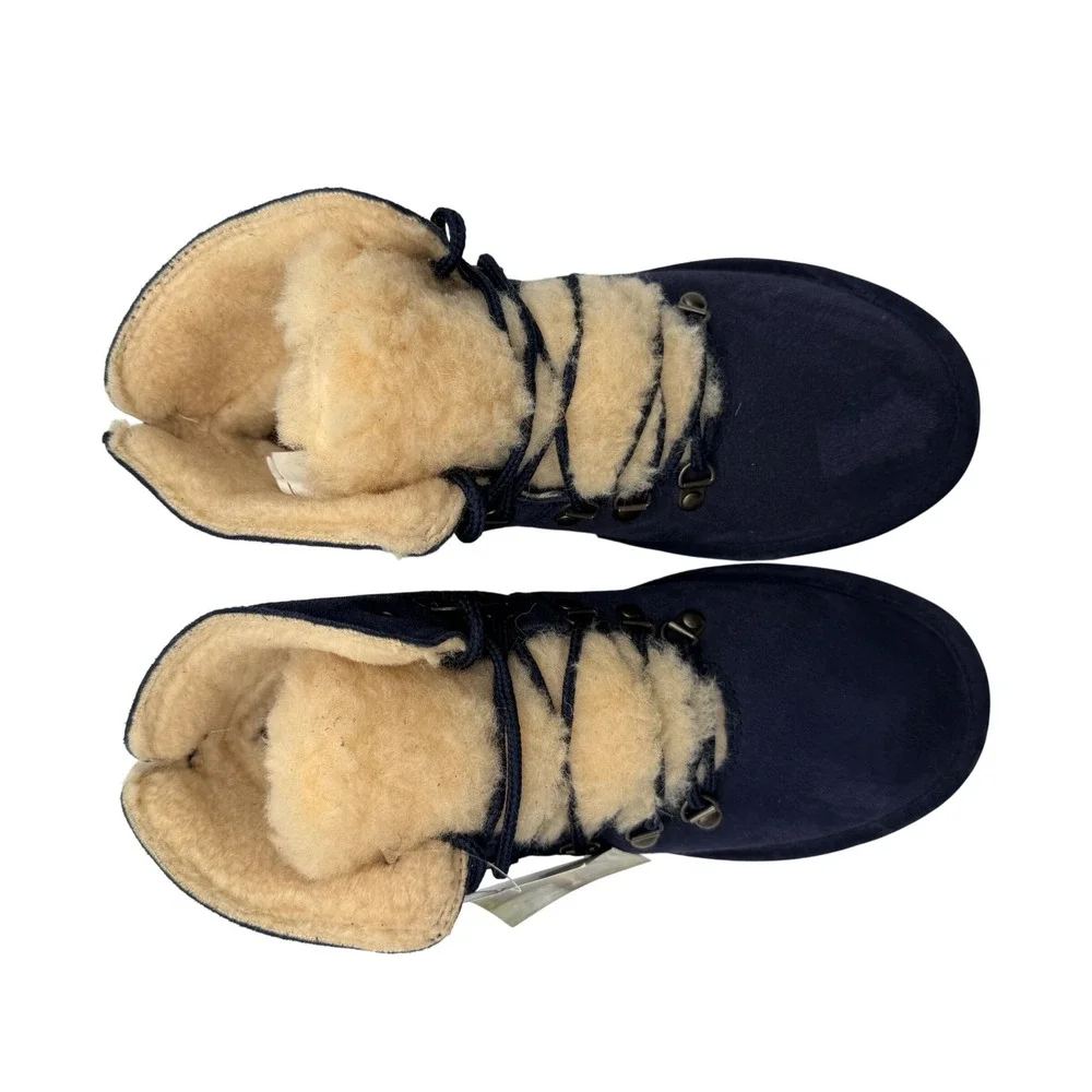 Bearpaw Suede Lace Up Boots Womens 8 Navy Blue New Sheepskin Fur Trim 2198W